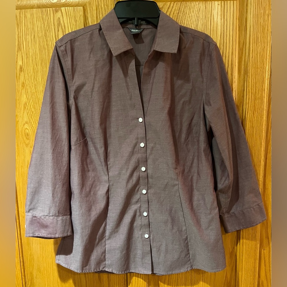 Eddie Bauer Mauve‎ Wrinkle-Free Stretch 3/4-Sleeve Button-Down Shirt Size Small
